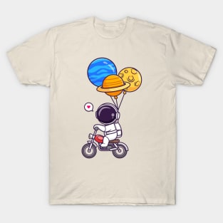 Cute Astronaut Riding Motorcycle With Planet Balloon Cartoon T-Shirt